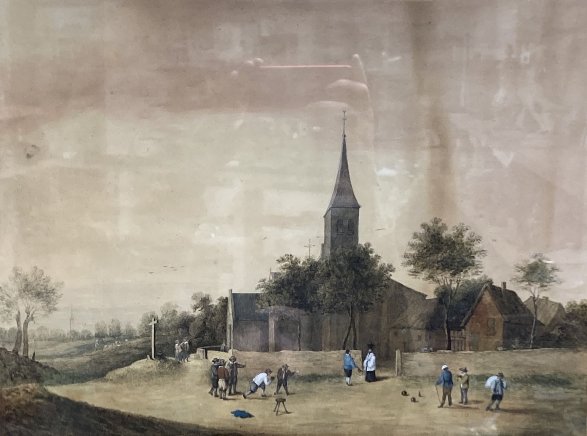 Lady Elizabeth Browne Cody, after Teniers, watercolour, Figures playing bowles before a church, titled on a mount, 30 x 39cm